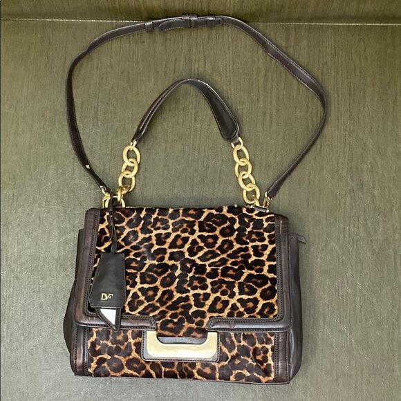 Diane Von Furstenberg Brown and Gold Shoulder Bag with Leopard Print Calf Hair - Picture 1 of 16